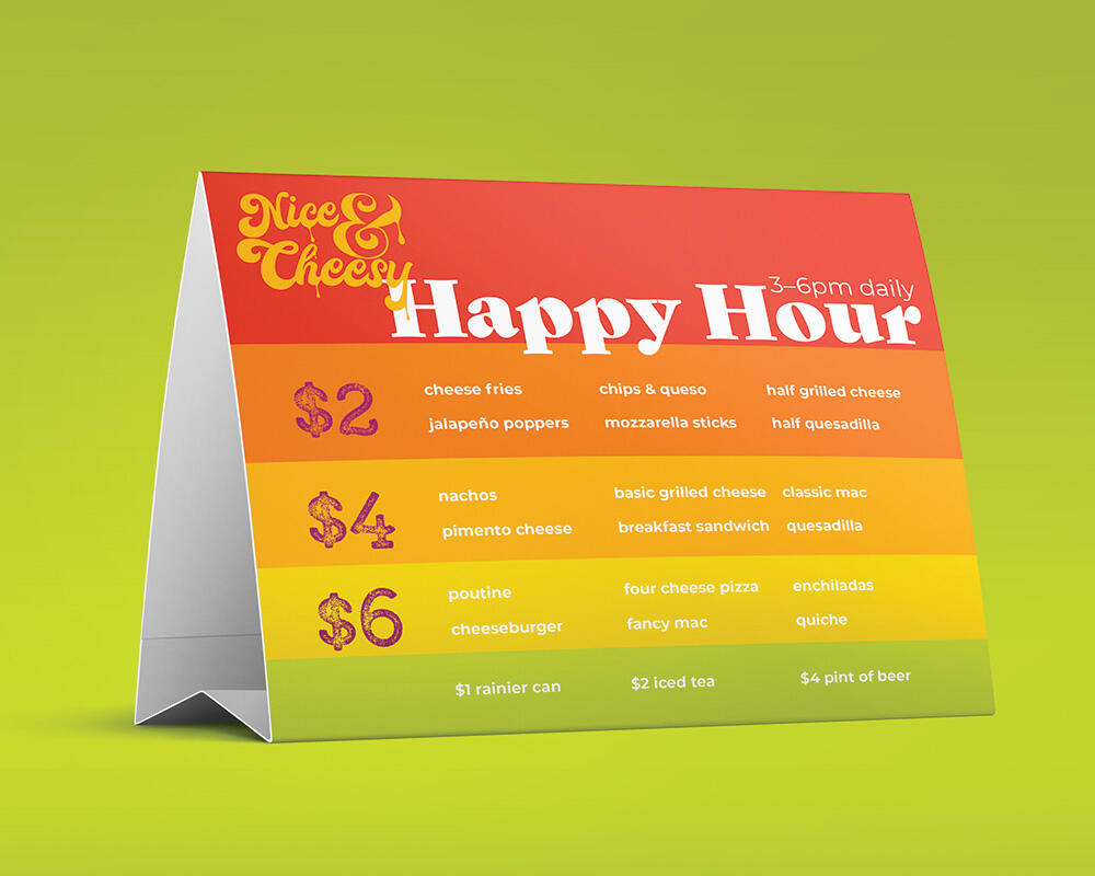 Happy Hour menu with sunset colored stripes and green background