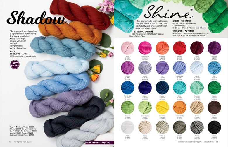 yarn guide interior spread with Shadow on the left and Shine on the right